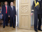 <p>U.S. President Donald Trump, left, and Russian President Vladimir Putin arrive for a one-on-one-meeting at the Presidential Palace in Helsinki, Finland, July 16, 2018. (Photo: Pablo Martinez Monsivais/AP) </p>