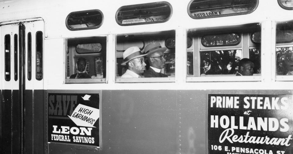 The most iconic photo of the 1956 Tallahassee bus boycott is this one picturing Rev. C.K. Steele (by window) and Rev. H. McNeal Harris, riding at the front of a Tallahassee city bus on Dec. 24, 1956 when protesters began riding the buses in a non-segregated manner.