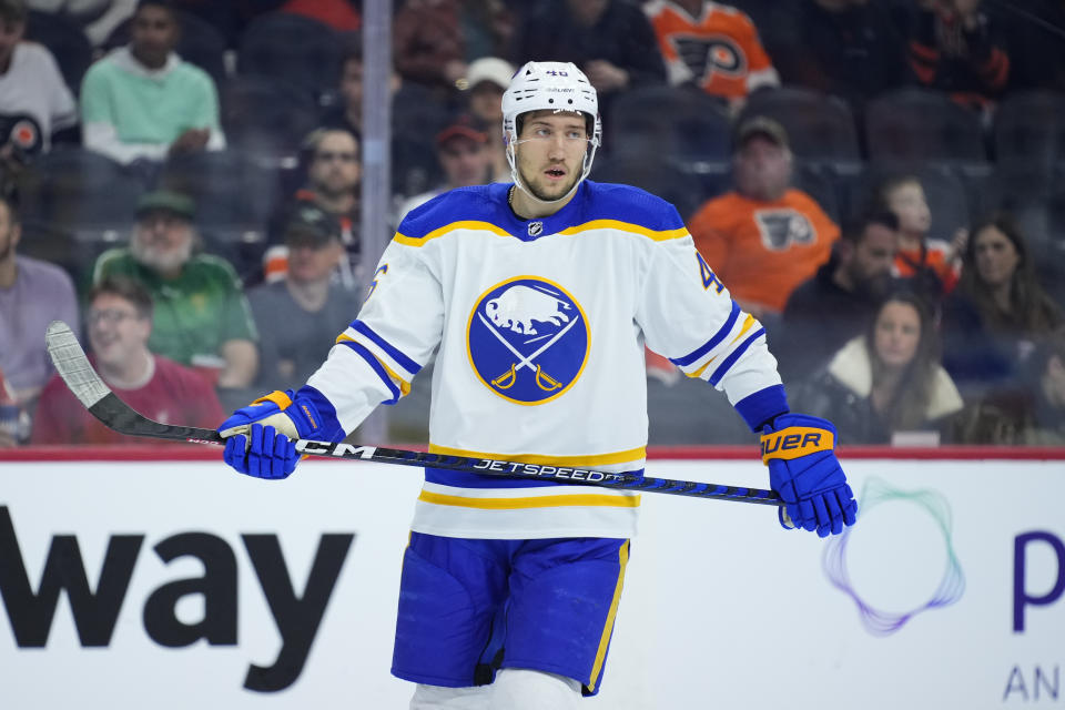 FILE - Buffalo Sabres' Ilya Lyubushkin plays during an NHL hockey game, Friday, March 17, 2023, in Philadelphia. Lyubushkin is citing an anti-gay Kremlin law and fears of facing retribution at home in Russia for electing to not participate in the Buffalo Sabres’ warmups on Pride night when players are expected to wear Pride-themed jerseys. The team announced Lyubushkin’s decision Monday morning, March 27, 2023.(AP Photo/Matt Slocum, FIle)