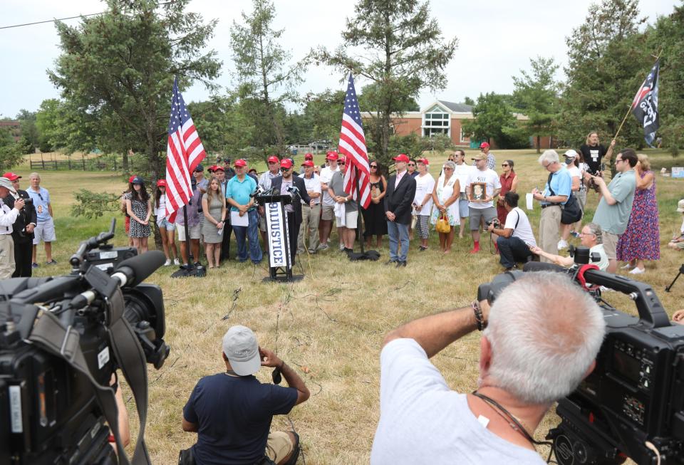 Brett Eagleson, President of 9/11 Justice.org addresses the media with as members and supporters of 9/11 Justice.org held a gathering outside the Clarence Dillon Library in Bedminster to address the media concerning their opposition to Saudi support for the LIV Golf Tournament being held at Trump National in Bedminster, NJ on July 29, 2022.