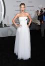 <p>J Law stole the show in a floor-sweeping white Dior gown featuring an embroidered corset and tulle skirt. <i>[Photo: Getty]</i> </p>