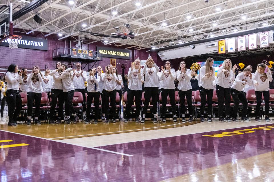 The Iona women's basketball team reacts to their NCAA Tournament reveal during the Selection Sunday watch party on March 12, 2023.