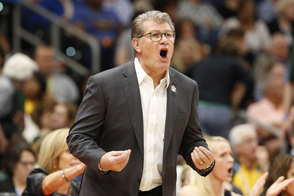 Apr 5, 2019; Tampa, FL, USA; UConn Huskies head coach Geno Auriemma yells on the sidelines against the Notre Dame Fighting Irish during the first half in the semifinals of the women's Final Four of the 2019 NCAA Tournament at Amalie Arena. Mandatory Credit: Kim Klement-USA TODAY Sports