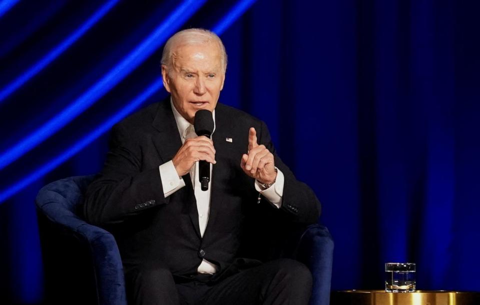 PHOTO: President Joe Biden takes part in a conversation with former President Barack Obama (not pictured) during a star-studded campaign fundraiser at the Peacock Theater in Los Angeles, June 15, 2024. (Kevin Lamarque/Reuters)