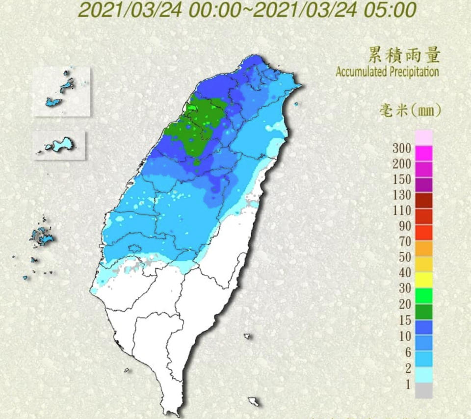 受鋒面通過影響，全台今都有降雨機率，但雨勢約只能持續至中午，及時雨對中部以北水庫稍有挹注，南部水庫則無進賬，無助解除旱象。（圖片來源：氣象局，下同）