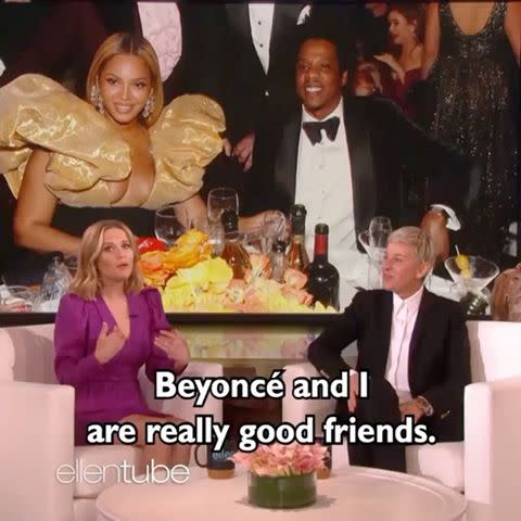 <p>They may not be having mommy-and-me playdates with Blue Ivy and Tennessee, but Witherspoon definitely considers Beyoncé a "really good" friend.</p> <p>After Witherspoon asked Queen Bey herself for some <a href="https://people.com/movies/reese-witherspoon-warns-hide-your-champagne-after-shes-seen-asking-beyonce-for-drinks/" rel="nofollow noopener" target="_blank" data-ylk="slk:champagne at the 2020 Golden Globes;elm:context_link;itc:0;sec:content-canvas" class="link ">champagne at the 2020 Golden Globes</a> and Bey obliged, Witherspoon joked with Ellen DeGeneres, "Beyoncé and I are really good friends. I mean, really, really, really, good friends. In fact, you might say, 'Best friends.' Some might say that." </p> <p>Beyoncé also sent over a <a href="https://people.com/food/jay-z-beyonce-send-reese-witherspoon-champagne-after-golden-globes/" rel="nofollow noopener" target="_blank" data-ylk="slk:case of champagne;elm:context_link;itc:0;sec:content-canvas" class="link ">case of champagne</a> and <a href="https://people.com/style/reese-witherspoon-struts-beyonce-ivy-park-adidas-collection/" rel="nofollow noopener" target="_blank" data-ylk="slk:her Ivy Park collection;elm:context_link;itc:0;sec:content-canvas" class="link ">her Ivy Park collection</a>, which Witherspoon showed off on Instagram. </p>