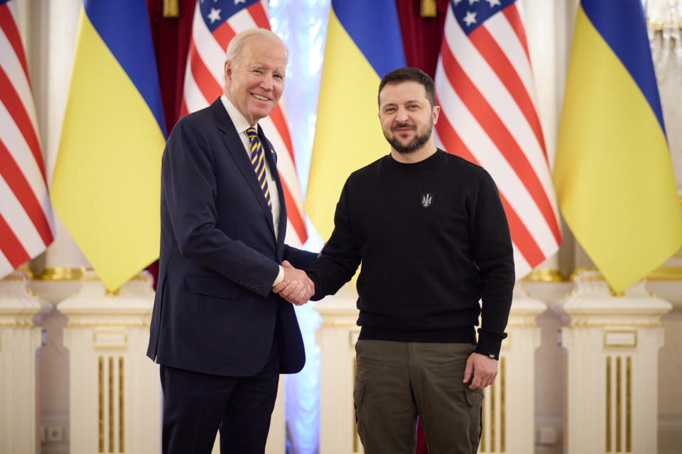 In this handout photo issued by the Ukrainian Presidential Press Office, U.S. President Joe Biden meets with Ukrainian President Volodymyr Zelensky at the Ukrainian presidential palace on February 20, 2023 in Kyiv, Ukraine. (Ukrainian Presidential Press Office via Getty Images)