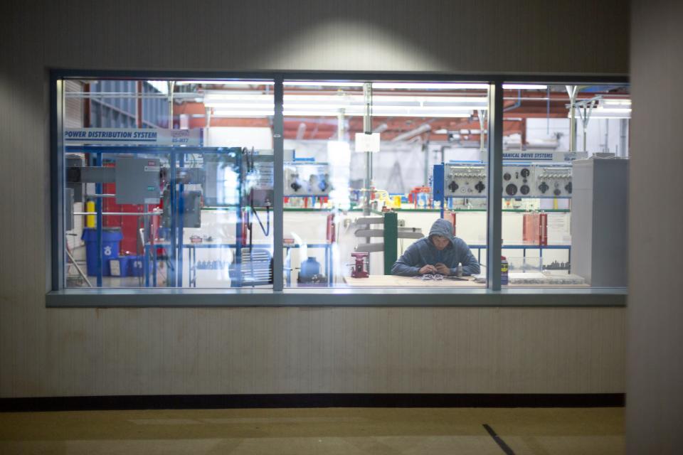 Columbia State Community College student Jeffry Perez works inside the college’s industrial engineering campus at the Northfield Workforce Development Center in Spring Hill on Tuesday, March 3, 2020.