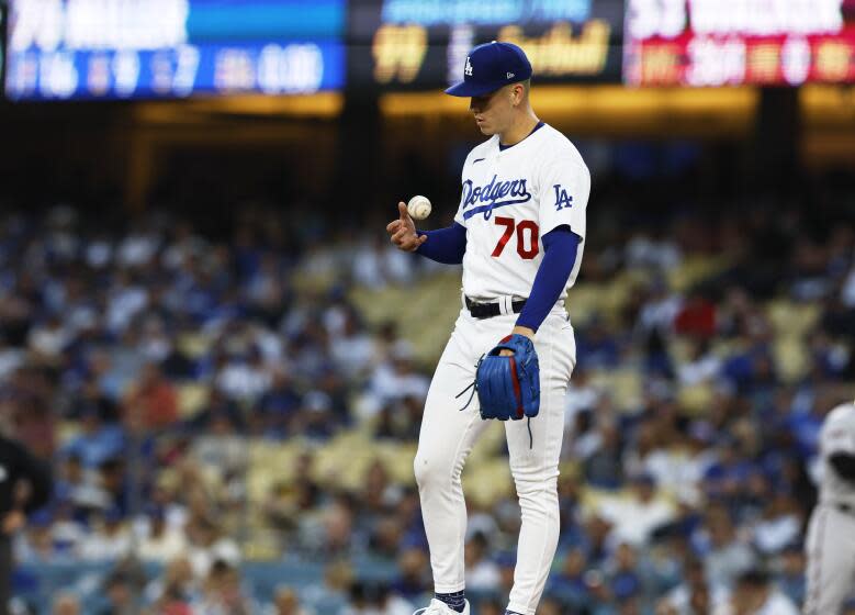 Los Angeles, CA - October 09: Dodger Bobby Miller during game two of the National League Division Series at Dodgers Stadium on Monday, Oct. 9, 2023, in Los Angeles, CA. (Robert Gauthier / Los Angeles Times)