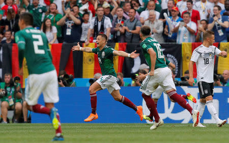 Soccer Football - World Cup - Group F - Germany vs Mexico - Luzhniki Stadium, Moscow, Russia - June 17, 2018 Mexico's Javier Hernandez celebrates after Hirving Lozano scores their first goal REUTERS/Maxim Shemetov