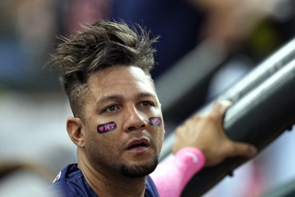 Houston Astros' Yuli Gurriel wears a tribute to his mom on Mother's Day during the fourth inning of a baseball game against the Detroit Tigers Sunday, May 8, 2022, in Houston. (AP Photo/David J. Phillip)