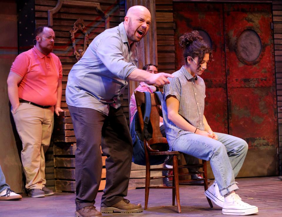 Patrick Farran, left, as Indigo’s father, and Madi Boveri, as Indigo, interact Monday, April 10, 2023, during rehearsal for South Bend Civic Theatre's production of “My Heart Says Go.”