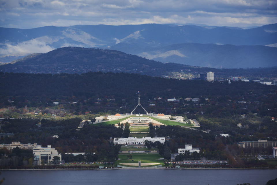 Parliament House, from Mount Ainslie, in Canberra, Australia.