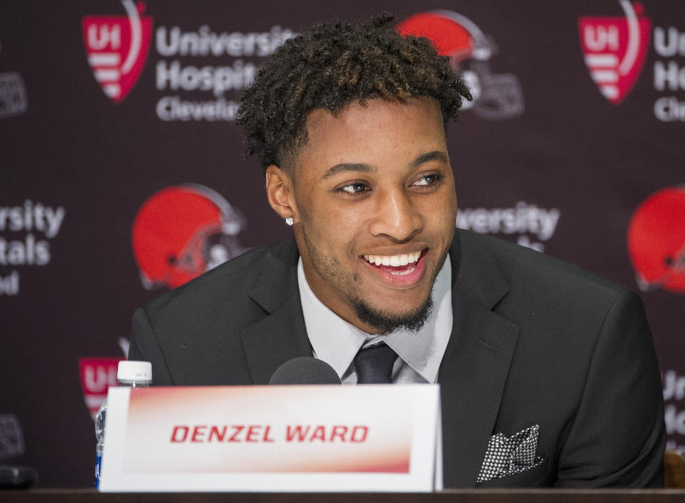 Cleveland Browns first-round draft pick Denzel Ward answers a question during a news conference after he was selected. (AP)