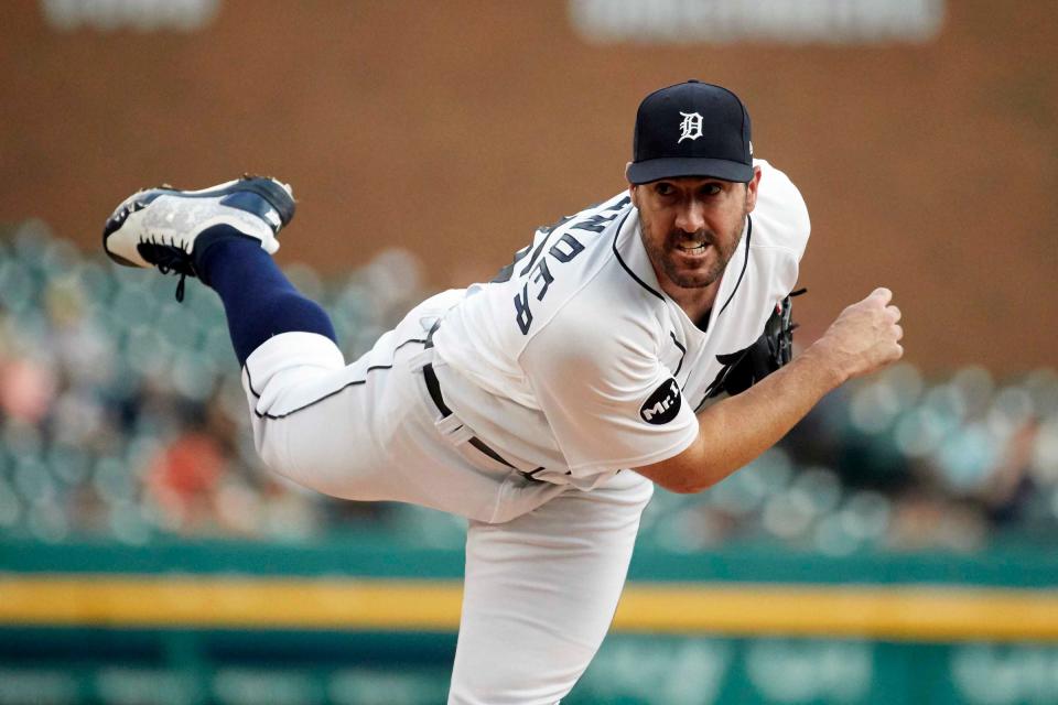 Tigers' Justin Verlander pitches in the first inning against the Rays at Comerica Park on June 15, 2017.