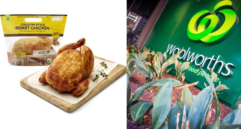 Side-by-side image. Left: Woolworths roast chicken sits on wooden chopping board. Right: Woolworths sign