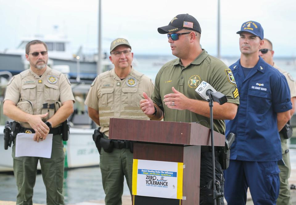 Florida Fish and Wildlife Conservation Commission Maj. Fred Rondeau, FWC Lt. Col. Gregg Eason, Sgt. Kyle Corbitt with the Okaloosa County Sheriff's Office Marine Unit and Coast Guard Senior Chief Petty Officer Cory Palmer addressed the media Wednesday to promote Operation Dry Water. Law enforcement vessels will be out in force during the Fourth of July weekend.