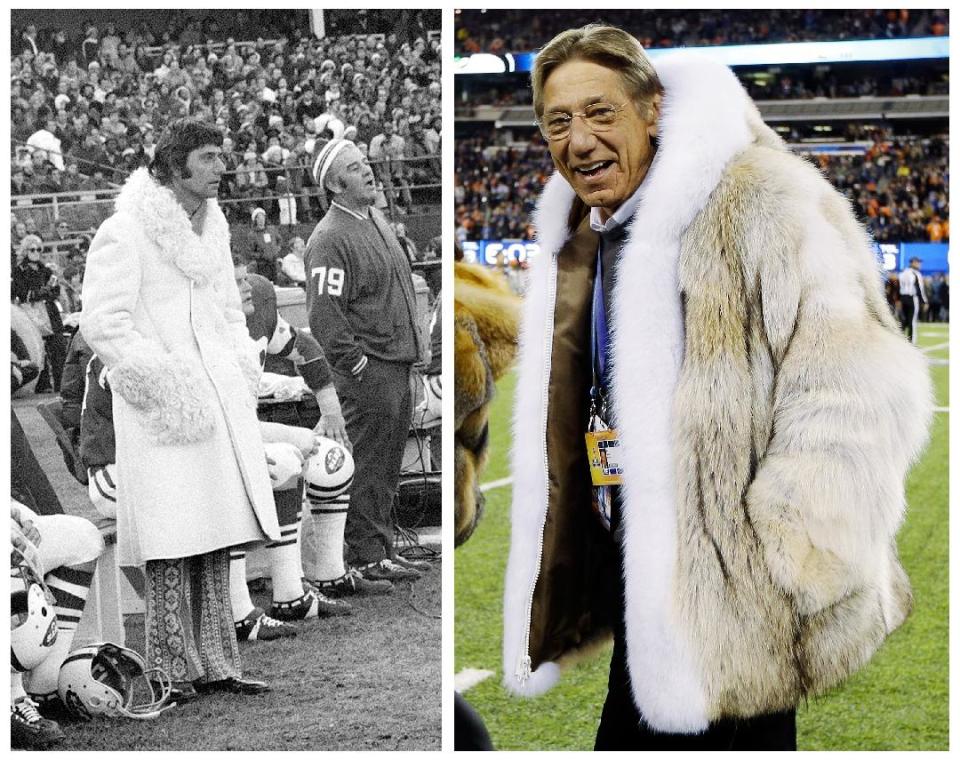 This combo photo shows former New York Jets quarterback “Broadway” Joe Namath, wearing a long white fur coat on the sidelines in 1971, left, and on the field at Super Bowl XLVIII Sunday, Feb. 2, 2014. (AP Photo)