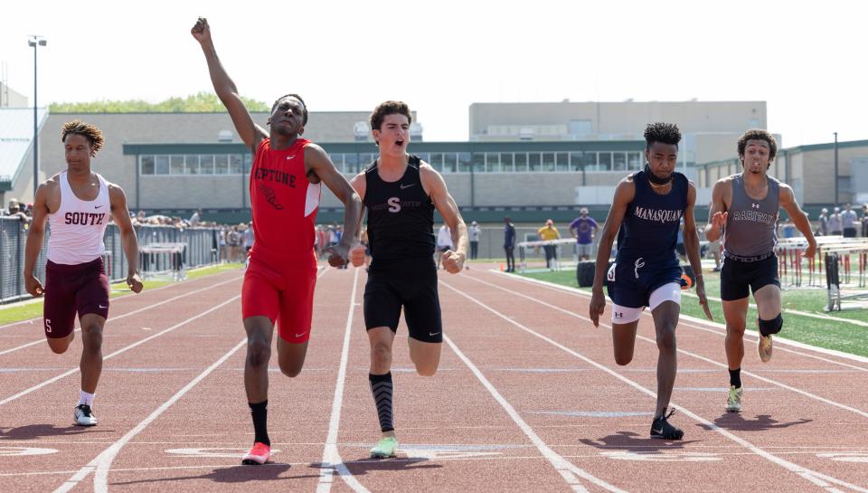 Neptune's Nyron Lewis wins the 100 Dash at the Shore Conference Outdoor Track and Field Championships in Neptune, NJ on May 21, 2022. 