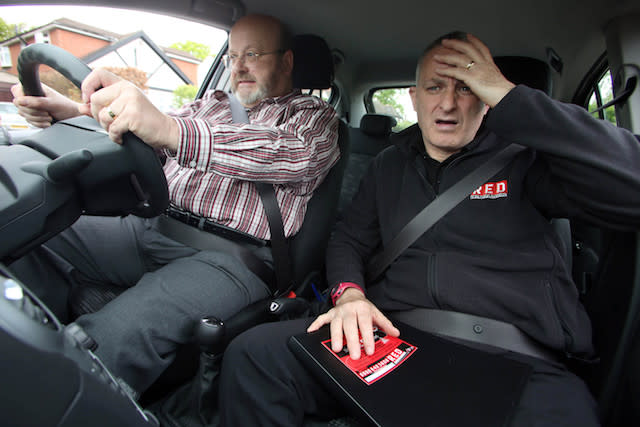 EMBARGOED TO 0001 THURSDAY MAY 29 EDITORIAL USE ONLY EDS NOTE THIS IMAGE HAS BEEN SET UP Keith, 61, from West Wickham in Kent, who passed his driving test in 1971, takes a mock driving test with Dave, a driving instructor, in Lee, south east London, as part of a new study from Direct Line Car Insurance. PRESS ASSOCIATION Photo. Issue date: Thursday May 29, 2014. According to the study by Direct Line, which tested drivers to see how people pick up bad habits over time, 76% of experienced motorists would fail if they were to re-sit their driving test today. See PA story TRANSPORT DrivingTest. Photo credit should read: Geoff Caddick/PA Wire