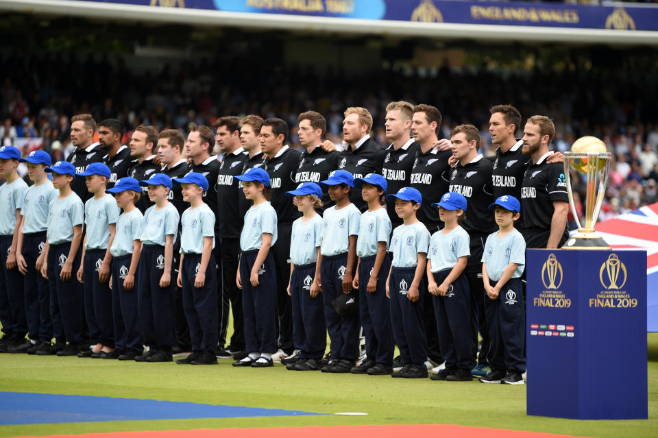 New Zealand's players line up for the national anthems. (Photo by Gareth Copley-IDI/IDI via Getty Images)
