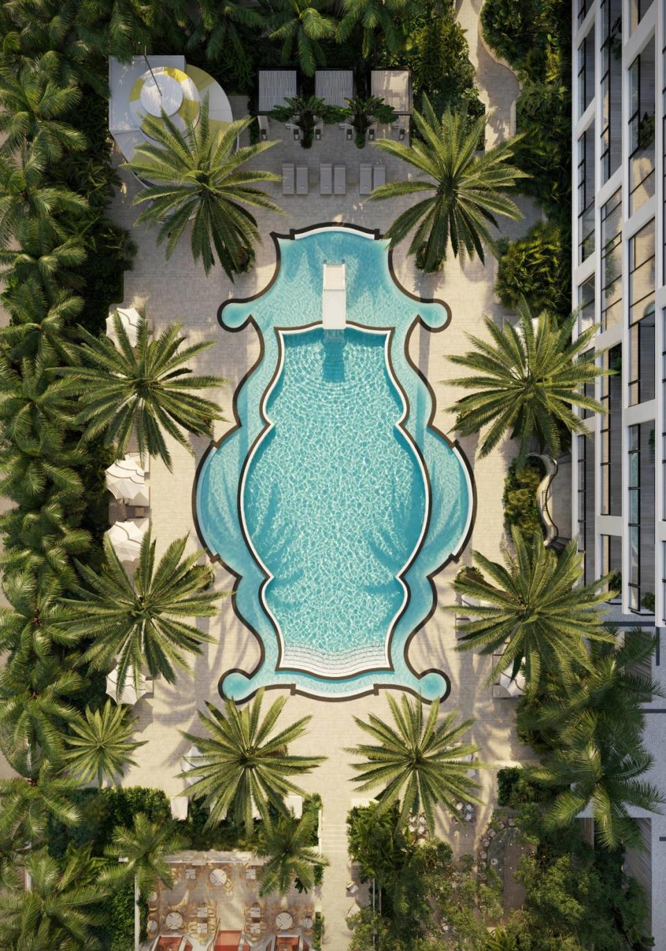 The famous pool at the South Beach landmark Raleigh Hotel, seen here in an architectural rendering depicting a renovated and expanded property, is supposedly shaped like Sir Walter Raleigh’s coat of arms. The historic Art Deco hotel is named after the Elizabethan explorer.