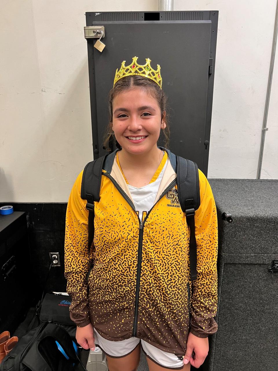 Golden West's Danue Banuelos is all smiles after scoring 1,000 career points on Dec. 7, 2023 in a win over Cesar Chavez. She is just the fourth player in Trailblazers history to reach the four-digit scoring mark.