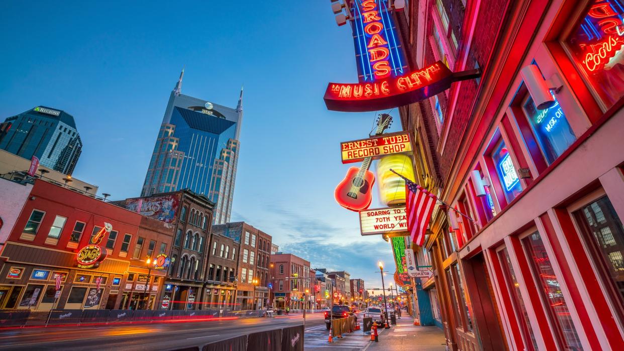 Nashville Tennessee city street at dusk