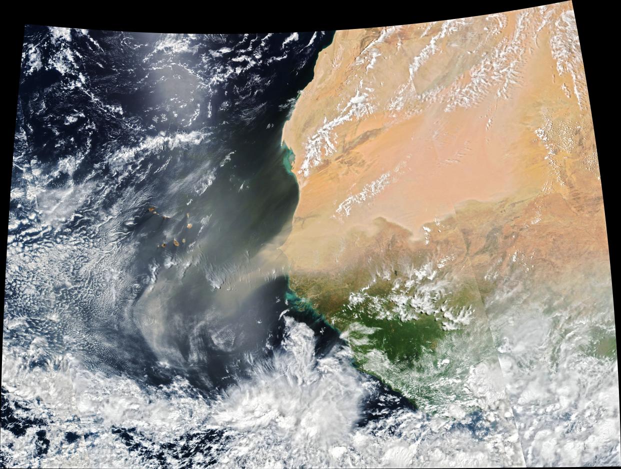 <p>Huge dust storm caught on satellite heading for the Americas</p> (NASA Earth Observatory)