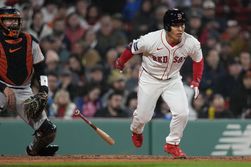 Boston Red Sox designated hitter Masataka Yoshida tries to out run the throw on his ground out during the fourth inning of a baseball game against the Baltimore Orioles, Wednesday, April 10, 2024, in Boston. (AP Photo/Charles Krupa)