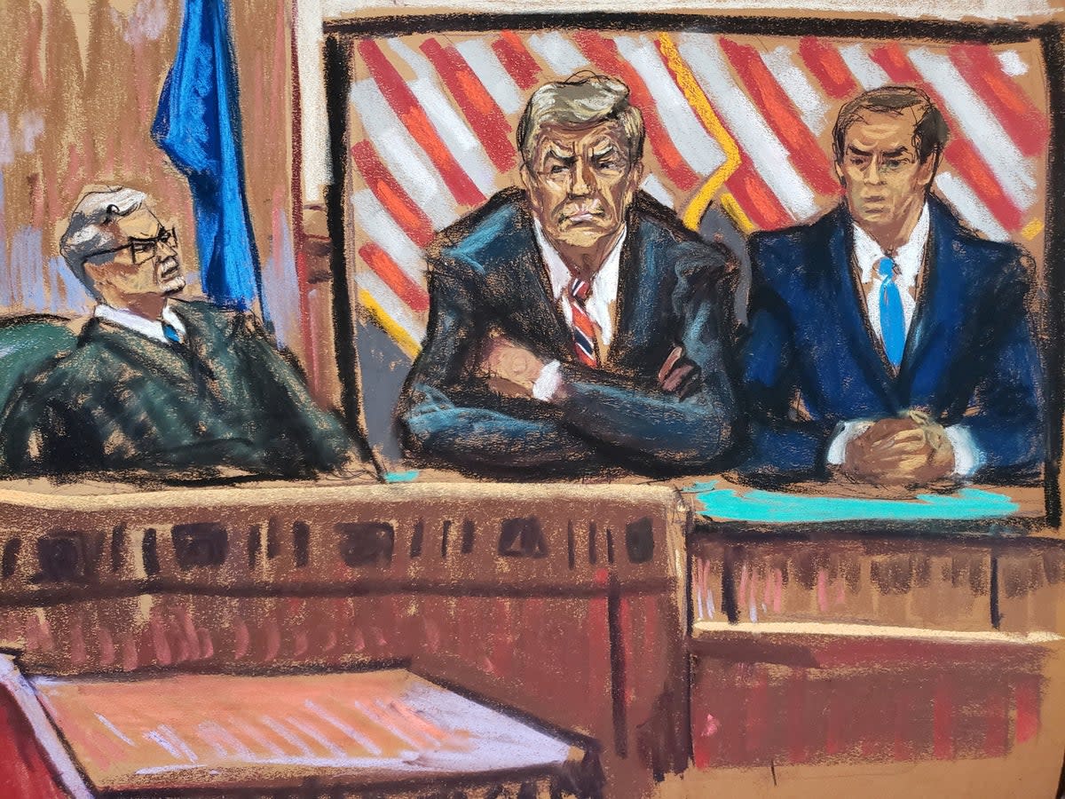 A courtroom sketch from 23 May depicts Donald Trump and attorney Todd Blanche appearing virtually in Manhattan criminal court for a hearing with Judge Juan Merchan (REUTERS)