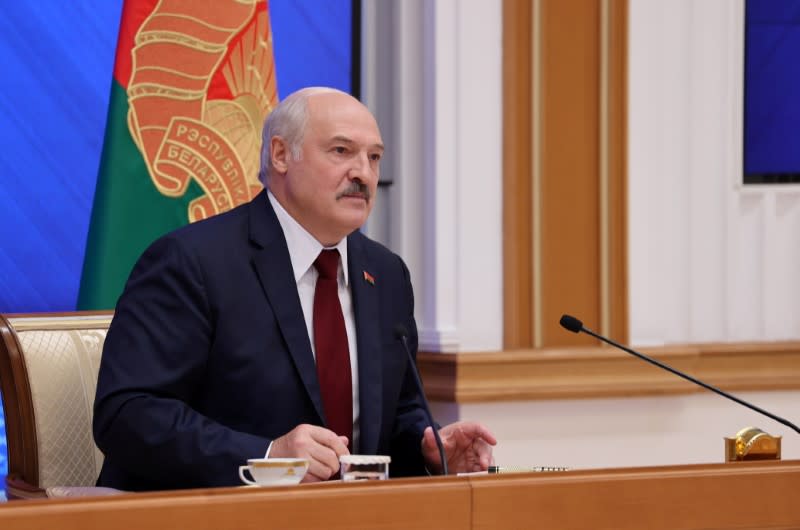 FILE PHOTO: Belarusian President Alexander Lukashenko holds a news conference in Minsk