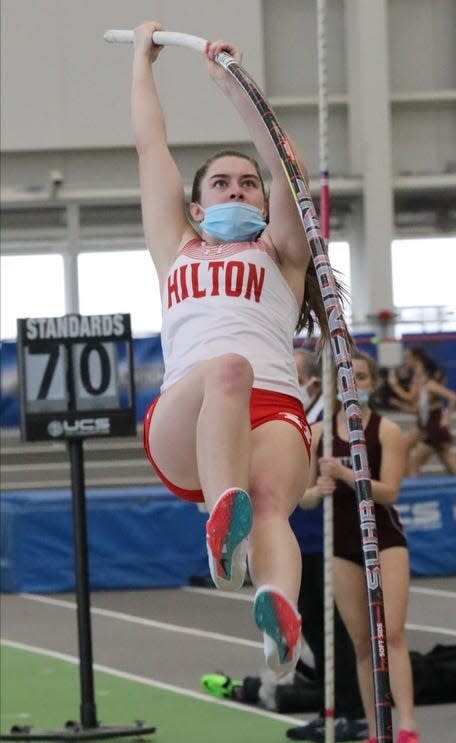 Hilton senior Laura Reigle during the girls pole vault at the 2022 high school indoor track state championships