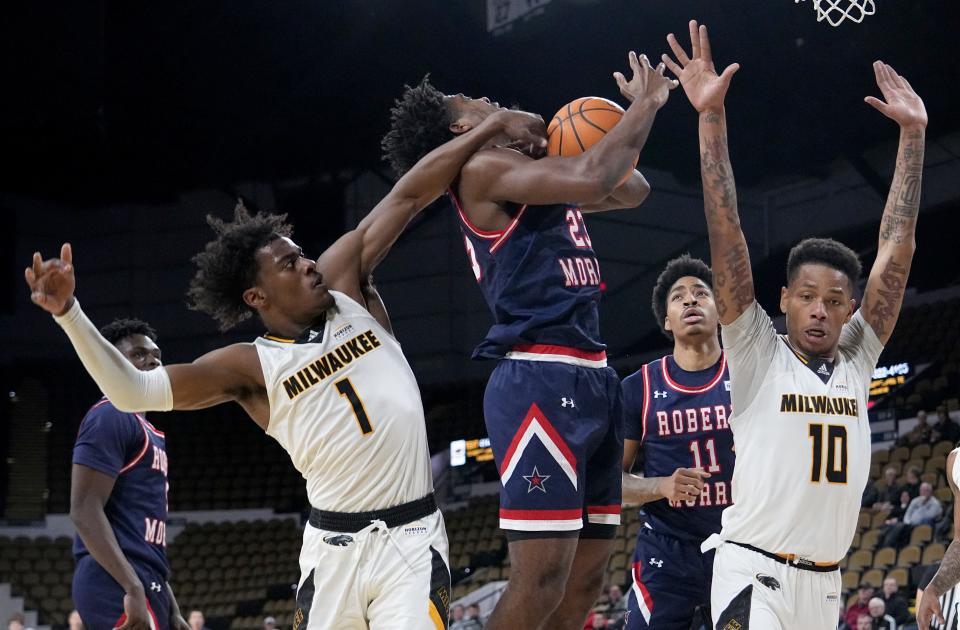 Markeith Browning II, shown here in a game earlier this season, blocked the potential winning three-pointer in the closing seconds Saturday to help seal a big 75-74 victory at Northern Kentucky.