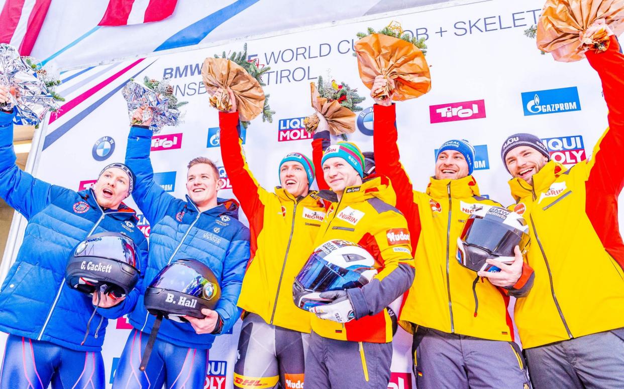 After just missing out last week, Brad Hall and Greg Cackett celebrate making the podium in Austria - AFP