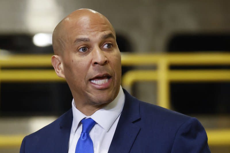 Sen. Cory Booker, D-N.J., is among the four Democrats on Tuesday to call on Sen. Bob Menendez to resign following allegations of bribery and corruption. File Photo by John Angelillo/UPI