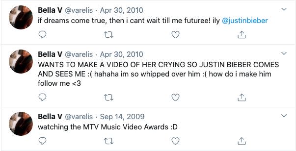 Same, Bella. Same. 'The Bachelor Australia' contestant Bella Varelis loved Justin Bieber on Twitter during her high school days.