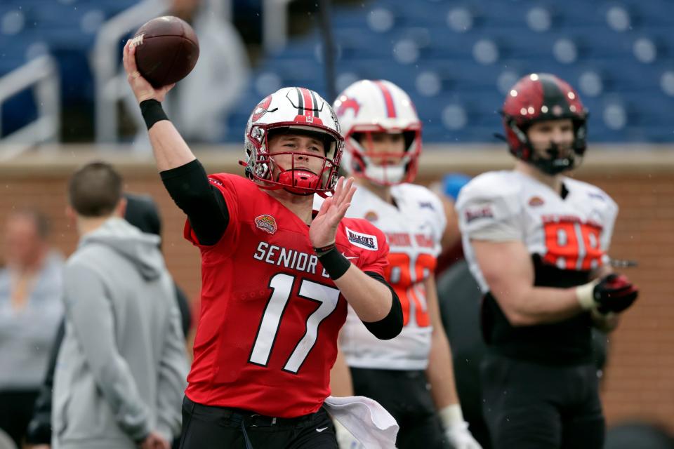 American Team quarterback Bailey Zappe of Western Kentucky runs through drills during practice for the Senior Bowl NCAA college football game Wednesday, Feb. 2, 2022, in Mobile, Ala.