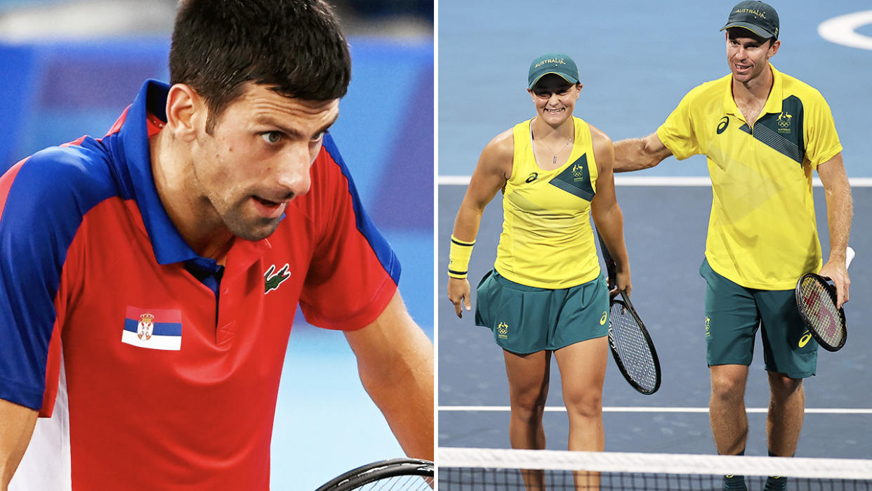 Novak Djokovic, Ash Barty and John Peers, pictured here at the Tokyo Olympics.