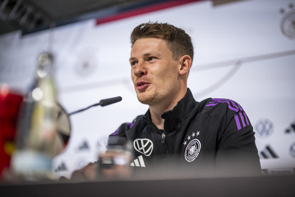 BLANKENHAIN, GERMANY - MAY 29: Alexander Nuebel of Germany talks to the media during a press conference at DFB Media Center Blankenhainer Schloss on day three of the training camp on May 29, 2024 in Blankenhain, Germany.(Photo by Kevin Voigt/Getty Images)