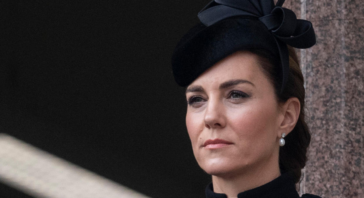 The Duchess of Cambridge attended the National Service of Remembrance at The Cenotaph on Remembrance Sunday on November 8, and just days later spoke with those who have lost loved ones in the Armed Forces.  (Getty Images) 