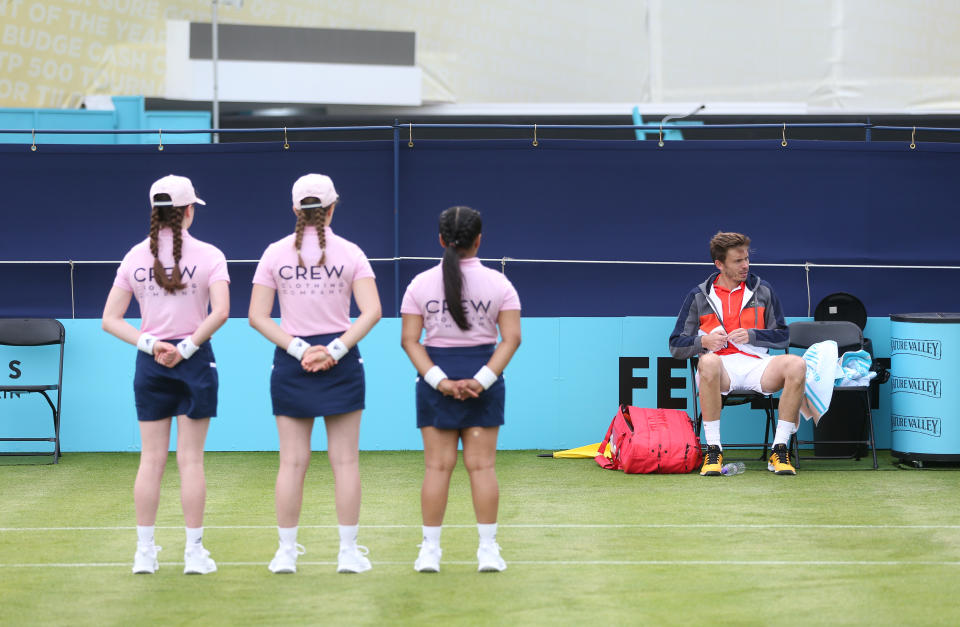 LONDON, ENGLAND - JUNE 15: Nicolas Mahut of France after victory over Nicolas Jarry of Chile during the qualifying rounds prior to the Fever-Tree Championships at Queens Club on June 15, 2019 in London, United Kingdom. (Photo by Alex Morton/Getty Images for LTA)