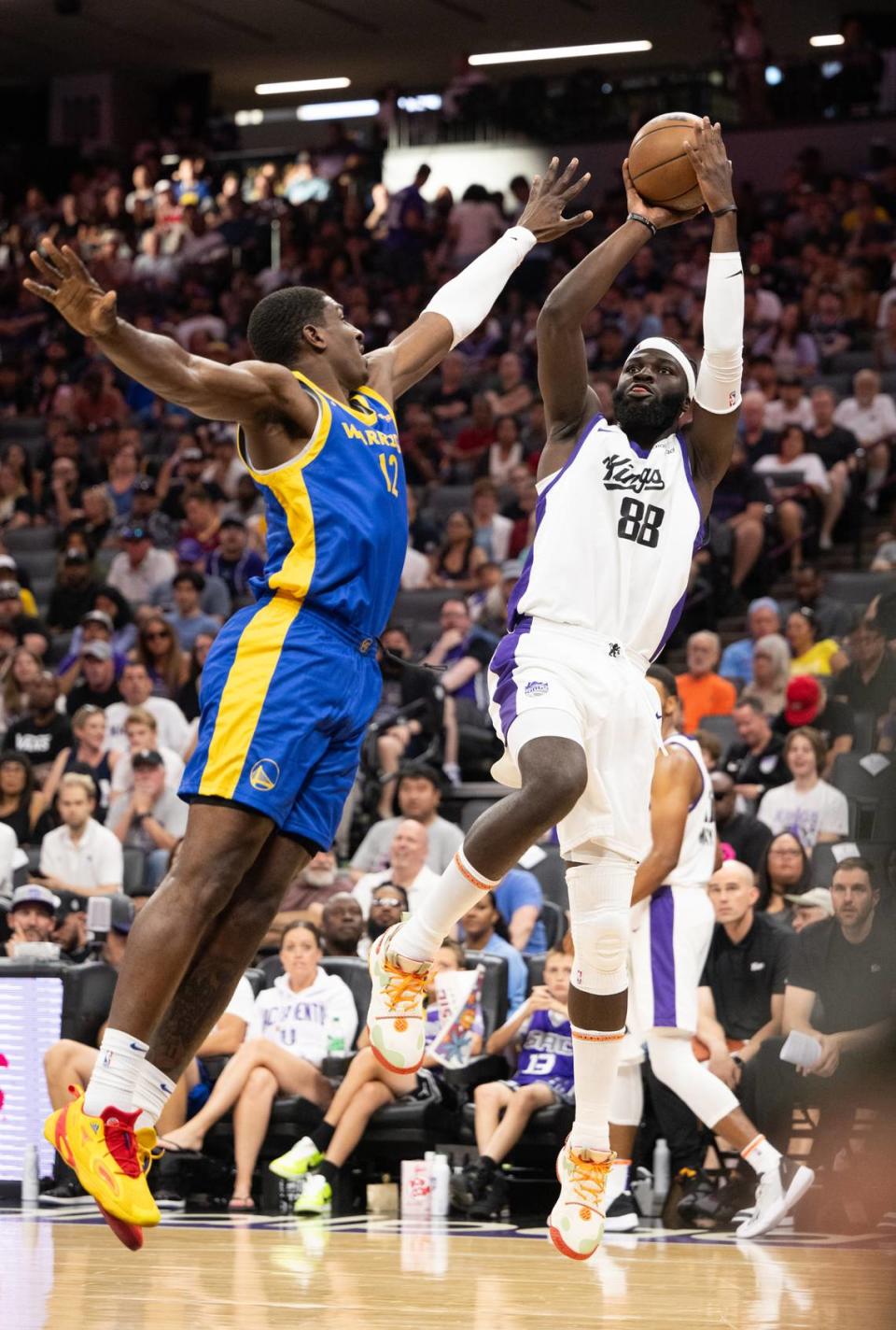 Sacramento Kings Neemias Queta shoots over Golden State Warriors Reggie Perry during the California Classic Summer League at Golden 1 Center Monday, July 3, 2023 in Sacramento.