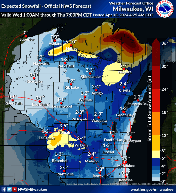 Expected snowfall for Wisconsin from Wednesday, April 3 to Thursday, April 4.