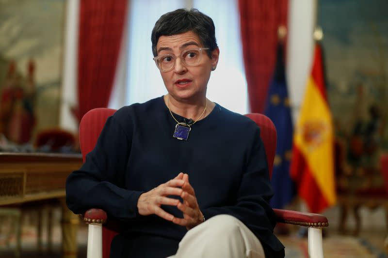 Spanish Foreign Minister Arancha Gonzalez Laya reacts during an interview with Reuters at the Ministry of Foreign Affairs, in Madrid