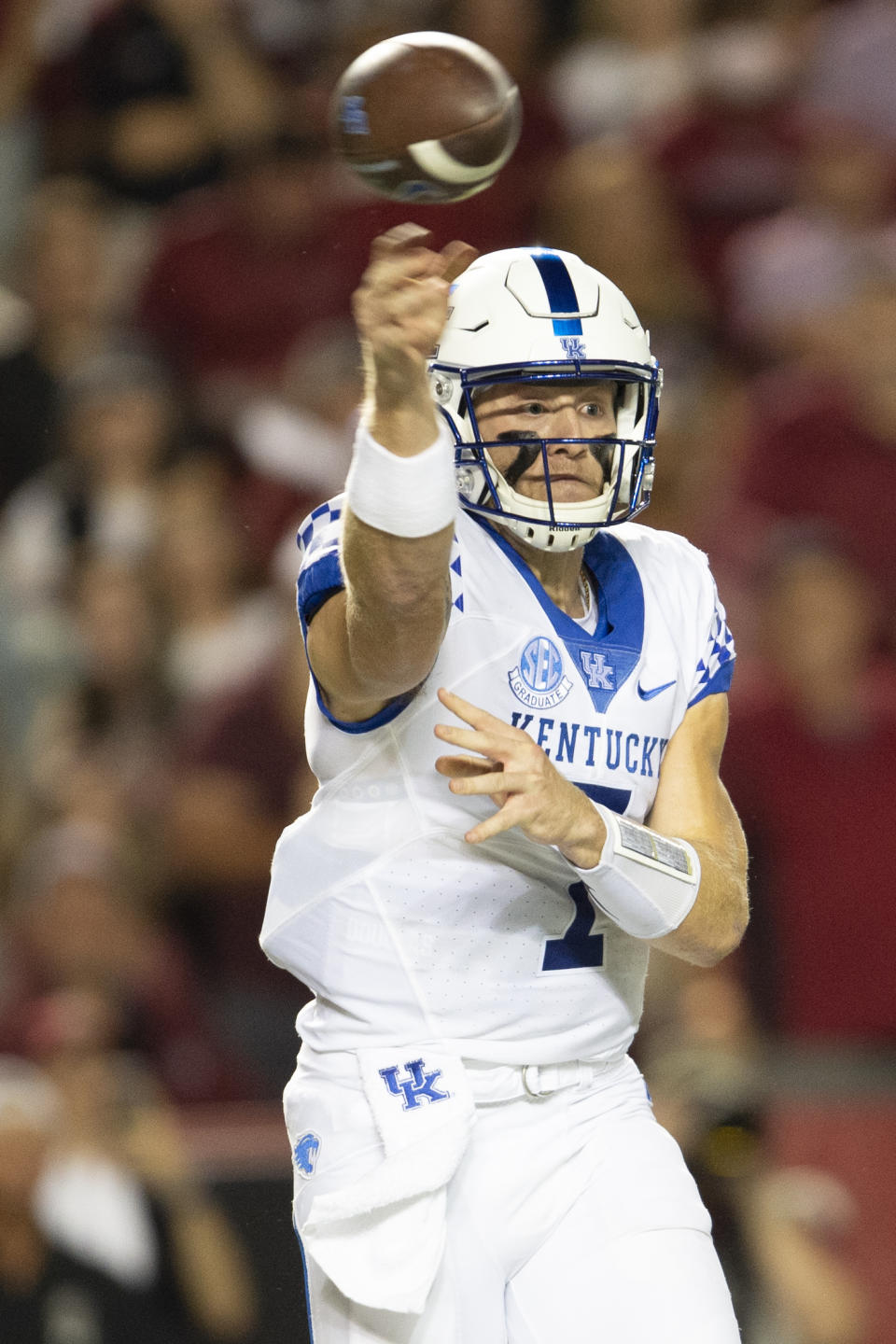 Kentucky quarterback Will Levis (7) completes a pass in the first half of an NCAA college football game against South Carolina, Saturday, Sept. 25, 2021, at Williams-Brice Stadium in Columbia, S.C. (AP Photo/Hakim Wright Sr.)