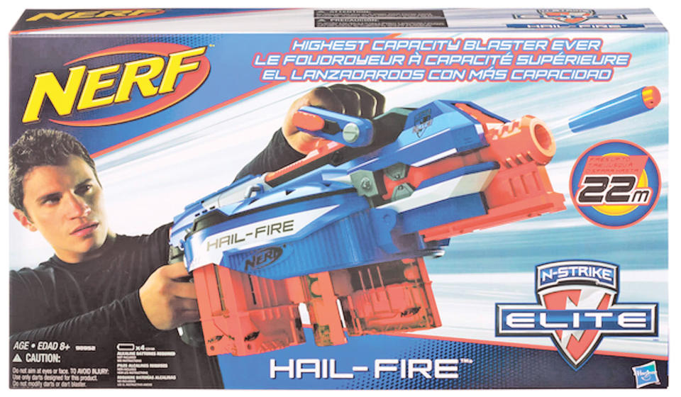 NERF N-STRIKE Elite Hail Fire Blaster:  This blaster’s unique rotating ammo rack gives it the highest capacity of any NERF blaster. It can hold up to 144 darts!  For ages 8+  Price $49.99