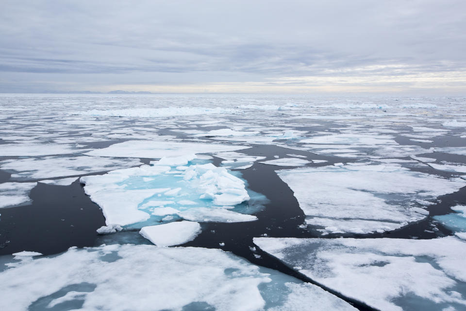 Rotten sea ice at over 80 degrees North off the north coast of Svalbard. Climate change is causing sea ice to retreat rapidly. The latest science predicts that the Arctic will be completely ice free in the summer around 2054. The sea ice broke up very early around Svalbard in 2013.