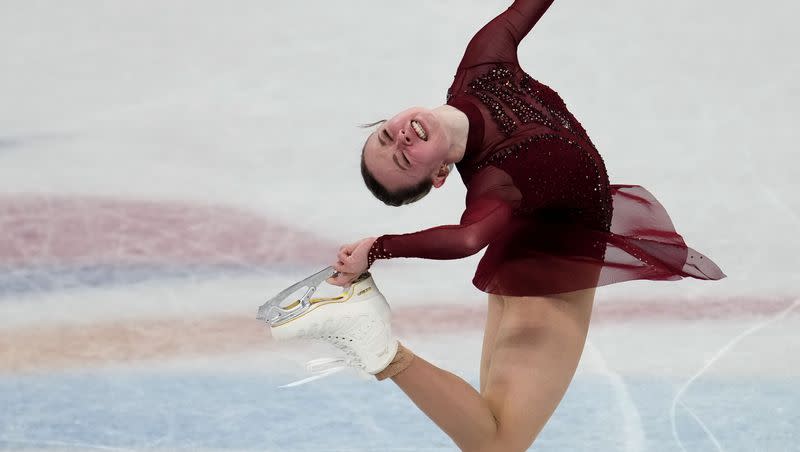 Mariah Bell, of the United States, competes in the women’s free skate program during the figure skating competition at the 2022 Winter Olympics on Feb. 17, 2022, in Beijing.