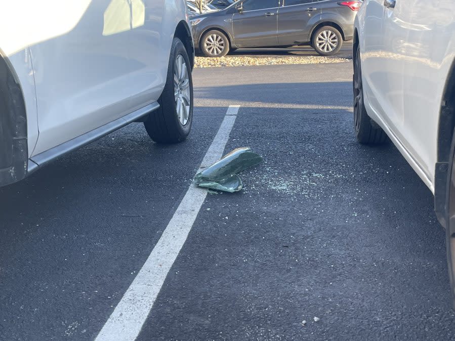 Photo taken at the Rusty Bucket on North High Street in Columbus showing the windows smashed out of several vehicles. (JACKIE GILLIS/NBC4)